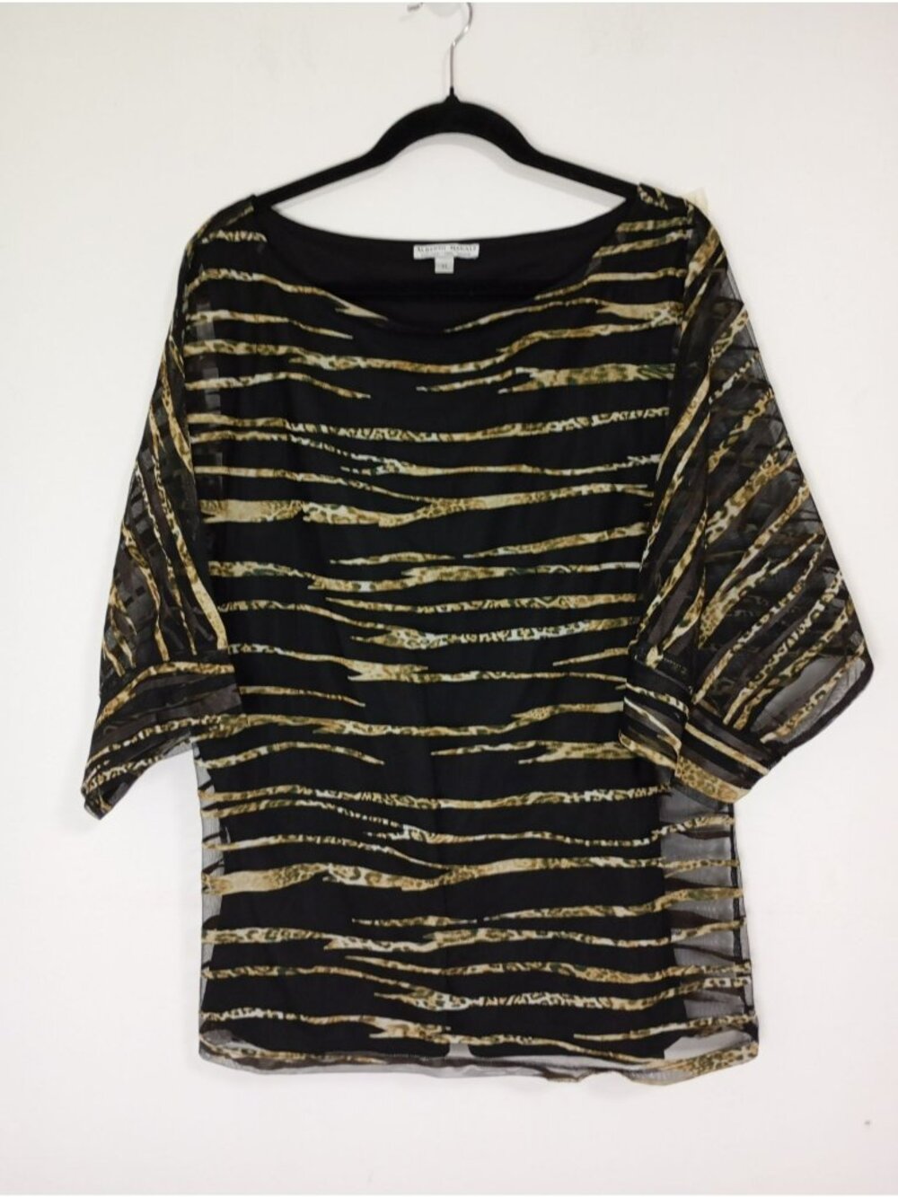 Alberto Makali Black Sheer Top With Gold & Leopard Print Stripes Size XL Elegant